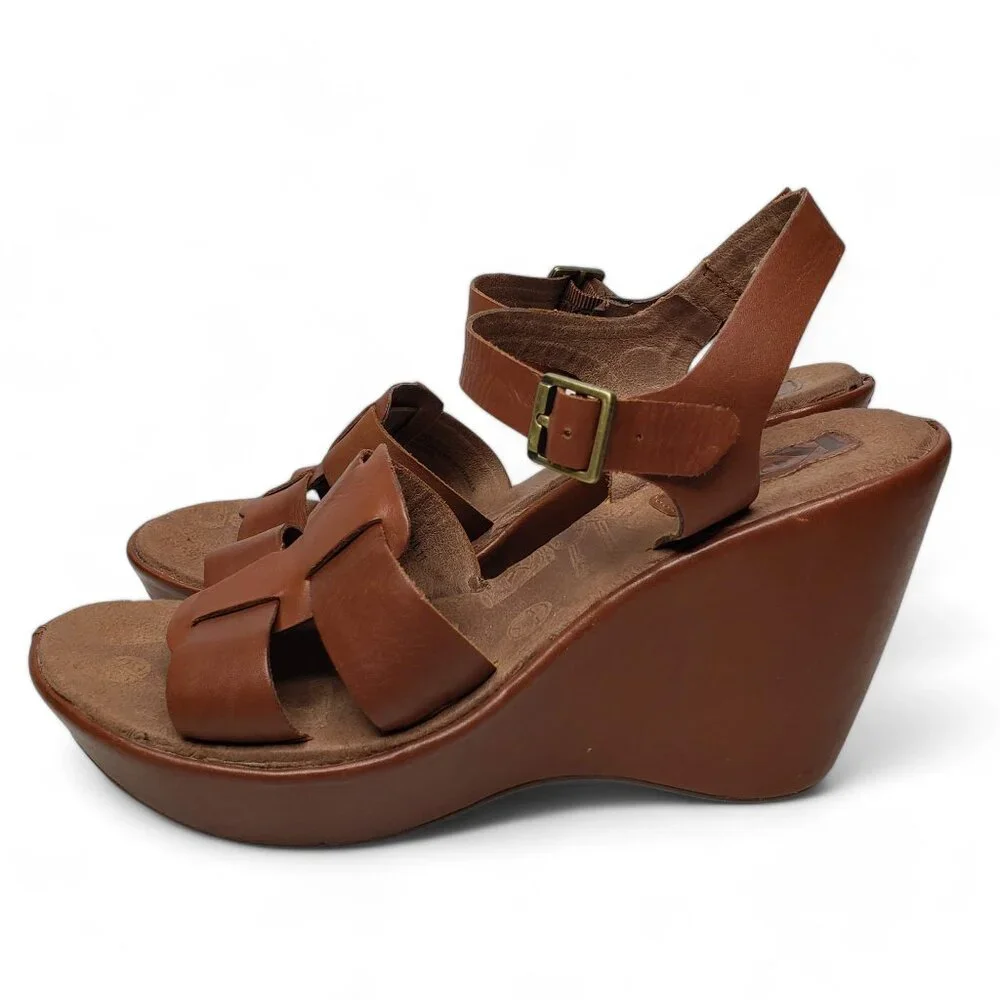 Korks by Kork Ease Platform Wedge Women's Della Brown Leather Strappy Buckled 10